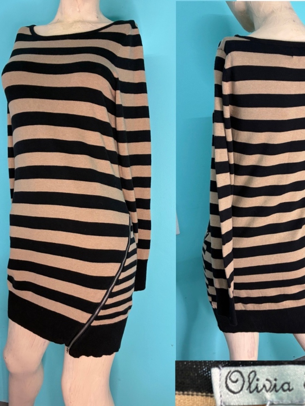 OLIVIA SKY Tan/Black Horizontal Stripe Long Sleeve Knit Sweater Mini Dress~S